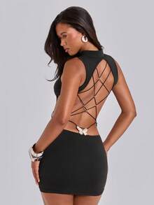 ROMWE Spring/Summer Y2K Hot Girl Casual Party Back Cross Lace-Up Open Back Butterfly Metal Buckle Decor Bodycon Mini Dress - Black - View 4