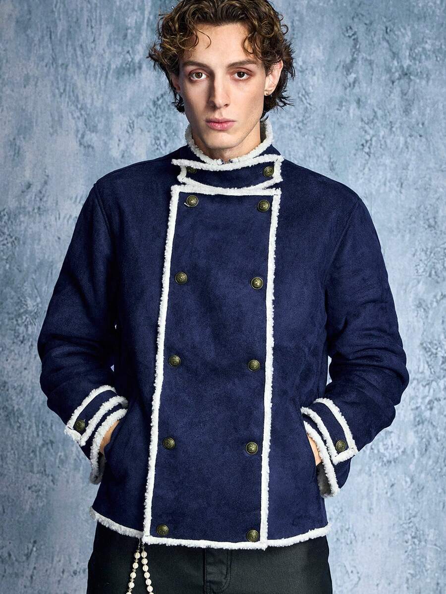 ROMWE MEN Men's Colorblock Stand Collar Fashion Versatile Casual Jacket - Blue - View 1