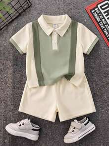 SHEIN 2件組男嬰夏季休閒拼色 Polo 衫與休閒短褲套裝，Polo 套裝，正式套裝，嬰兒套裝，夏季套裝 - 彩色 - 查看 1