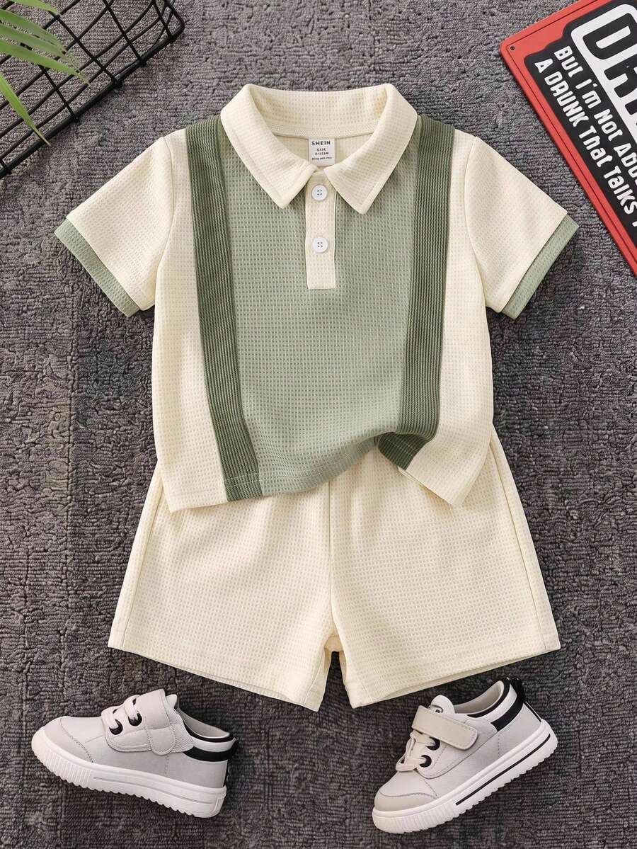 SHEIN 2件組男嬰夏季休閒拼色 Polo 衫與休閒短褲套裝,Polo 套裝,正式套裝,嬰兒套裝,夏季套裝 - 彩色 - 查看 1
