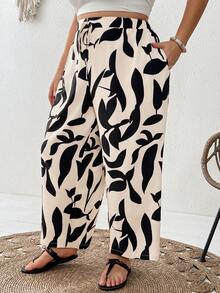SHEIN CURVE+ Plus Size Women's Drawstring Waist Leaf Print Casual Versatile Daily Wear Wide Leg Pants - Apricot - View 4