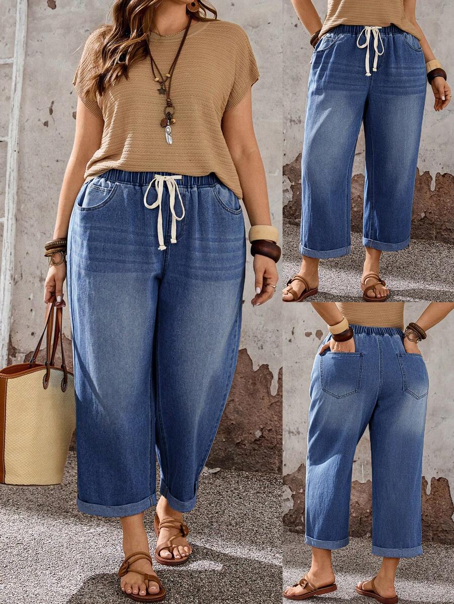 EMERY ROSE EMERY ROSE Plus Size Women's Drawstring Waist Pocket Casual Versatile Daily Wear Denim Jeans - Dark Wash - View 1