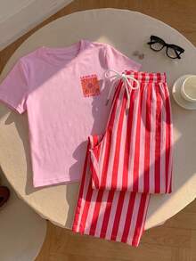 Comfortcana 2件組休閒圓領短袖上衣與條紋印花長褲，度假夏季服飾，街頭風，適合日常通勤、約會、派對、秋冬/夏季、婚禮、海灘、畢業典禮，優雅休閒外出穿搭，Y2K音樂祭套裝，假日海灘度假套裝 - 彩色 - 查看 5