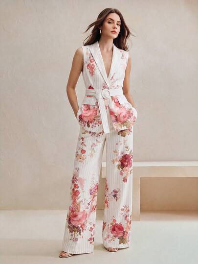Anewsta Elegant Urban Chic Vintage Floral & Striped Print Lapel Sleeveless Vest With Belt + High-Waisted Draping Long Suit Pants, Women's Suit Set