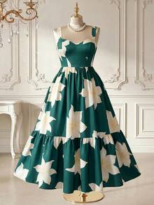 Rometta Plus Size Women's Floral Print Pleated Fashion Dating Vacation Party Dress Green Summer Elegant - Multicolor - View 2