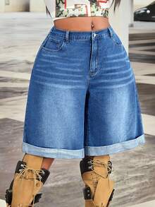 Slaydiva Shorts de mezclilla azul de pierna ancha y corte A para mujer talla grande, primavera/verano, para uso al aire libre y desplazamientos, con múltiples bolsillos y aberturas laterales - Azul lavado medio - Ver 5