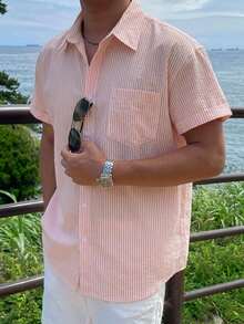 DAZY Men's Pink Striped Short Sleeve Shirt, Summer - Multicolor - View 9