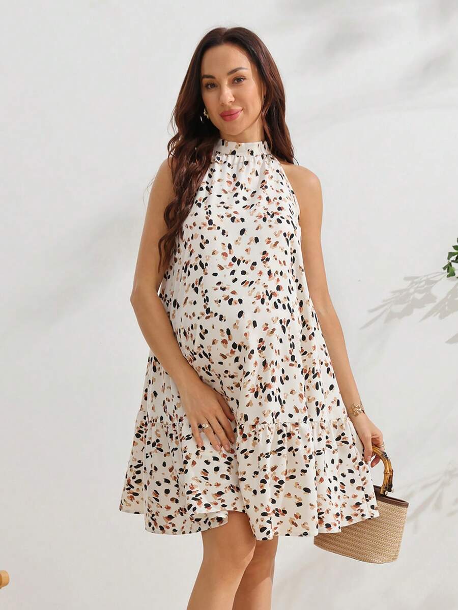 SHEIN 孕婦全印花無袖掛脖喇叭裙 - 彩色 - 查看 1