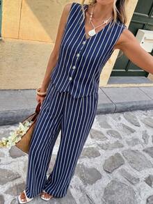 SHEIN Frenchy 女款兩件式休閒簡約度假波希米亞優雅浪漫復古海軍藍條紋印花復古圖案，女款通勤套裝，音樂節，沙灘穿搭，度假穿搭，女款夏季穿搭 - 彩色 - 查看 6