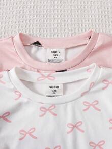 SHEIN 女童休閒極簡修身舒適圓領短袖長褲居家服套裝，適合春夏，4件組 - 彩色 - 查看 3