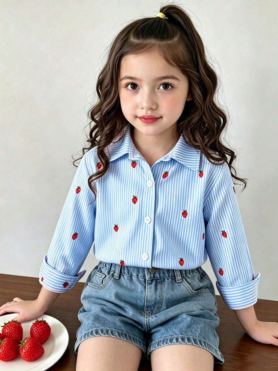 SHEIN Genkimix Kids 女童春夏粉色條紋草莓襯衫,簡約俏皮,時尚百搭,適合日常穿著與外出 - 藍色 - 查看 1