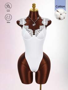 Amplova Solid Color Lace Trim Patchwork Cup Underwire Strap Short Sleeve Sexy Elegant Women's Bodysuit Night Out White Summer - White - View 4