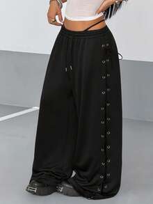 StreetHx 2000s Style Y2K Glamorous Sexy Women's Summer Casual Streetwear Loose Leg Long Pants With Metal Eyelets And Lace-Up Design Night Black - Black - View 4