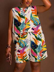 Slaydiva Beige Summer Bohemian Tropical Print Y2K Style Plus Size 2 Pieces Set Suitable For Beach, Music Festival, Travel And Daily Wear - Multicolor - View 1