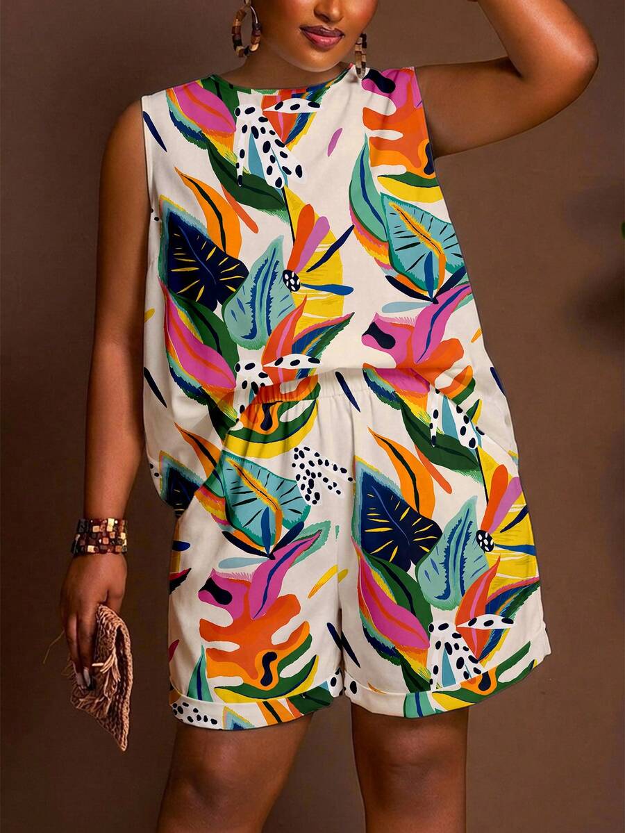 Slaydiva Beige Summer Bohemian Tropical Print Y2K Style Plus Size 2 Pieces Set Suitable For Beach, Music Festival, Travel And Daily Wear - Multicolor - View 1