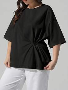 Maija Damen-T-Shirt in Große Größen, einfarbig, mit Rundhalsausschnitt, Drop-Shoulder, Knoten an der Taille, Seitenschlitz am Saum, lässig, Business Casual, gestrickt/gewebt, elegant, für Herbst und Halloween - Schwarz - Übersicht 6