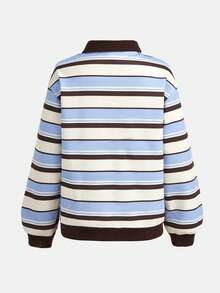SHEIN 青少年女孩秋季復古歐美風 Polo 領鈕扣寬鬆休閒學院風長袖衛衣，街頭休閒風，寬鬆 Polo 條紋印花衛衣，適合日常休閒通勤百搭 - 咖啡棕 - 查看 2