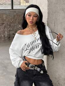 Coolane 女款秋冬休閒針織地名圖案單肩衛衣 - 白色 - 查看 4