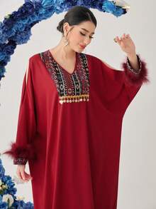 Al Najma Patchwork Besticktes Plüsch Ärmelbündchen V-ausschnitt Lockeres Kleid - Rot - Übersicht 8