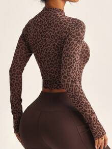 Slayform Slayform 1pc Women's Seamless Mock Neck Leopard Print High Stretch Drawstring Waist Running Fitness Yoga Long Sleeve Sweatshirt Brown,Autumn,Sexy,Gym Shirts - Coffee Brown - View 2