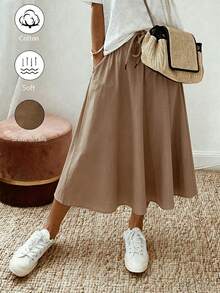 Breezaya Rok Kasual Wanita Ukuran Besar Warna Polos dengan Tali Pinggang dan Saku - Khaki - View 1