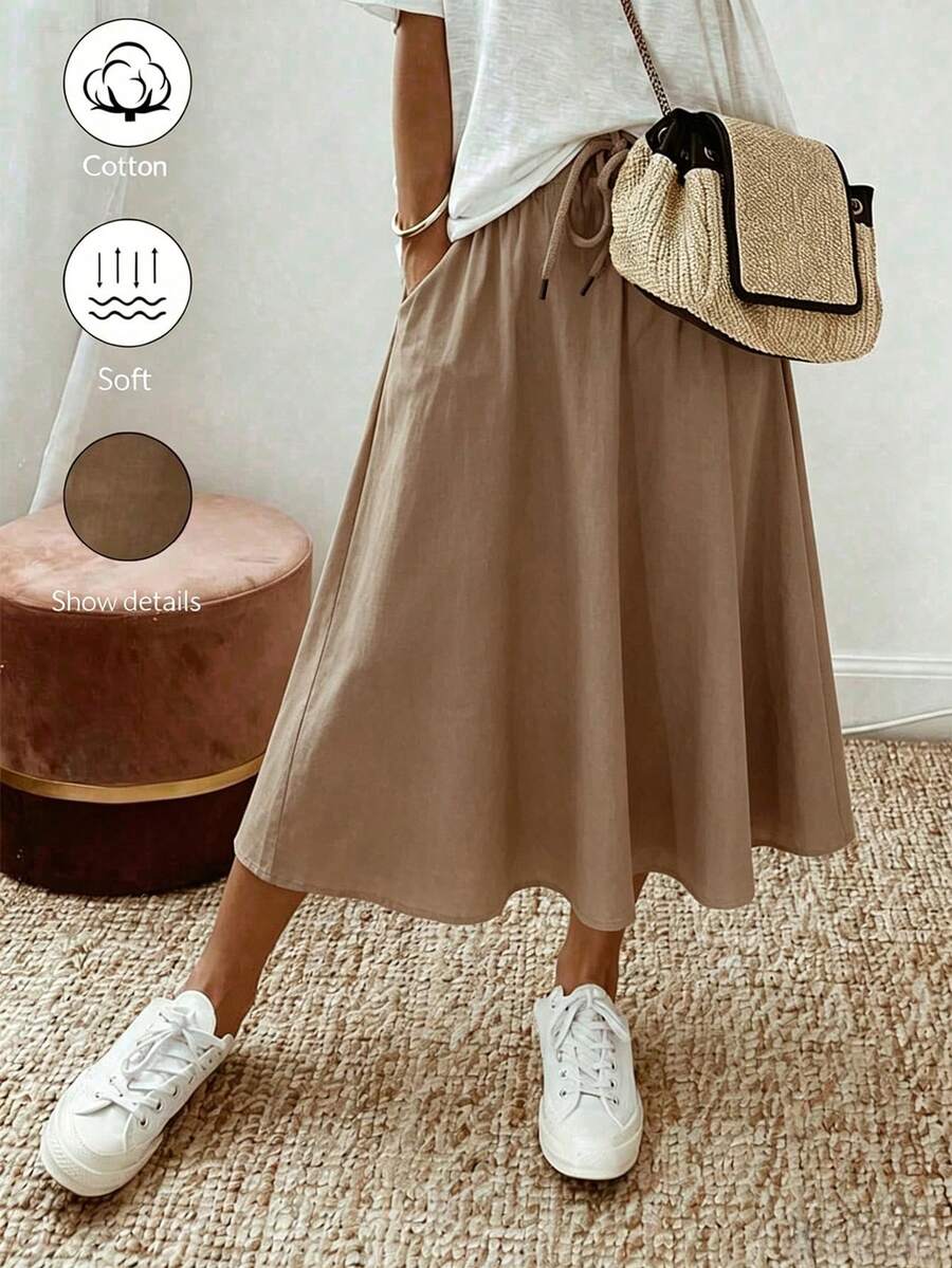 Breezaya Rok Kasual Wanita Ukuran Besar Warna Polos dengan Tali Pinggang dan Saku - Khaki - View 1