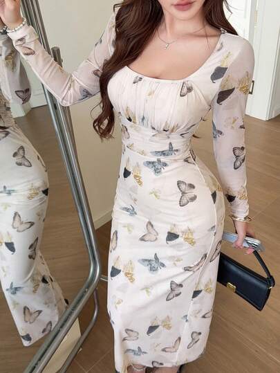 Feyla Women's Butterfly Print Pleated Elegant Cinched Waist Party & Casual Dress