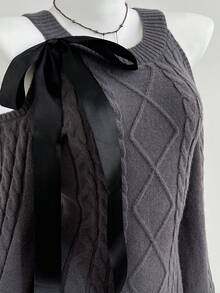 Elamini Gaun Sweater Rajut Motif Berlian dengan Bahu Terbuka, Cocok untuk Kencan Sehari-hari, Warna Abu-abu, Musim Gugur, Elegan - Dark Grey - View 4