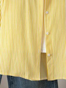 SHEIN 1件青少年女孩翻領長袖鈕扣式直條紋襯衫，胸前刺繡圖案，休閒上衣，秋季 - 黃色 - 查看 3