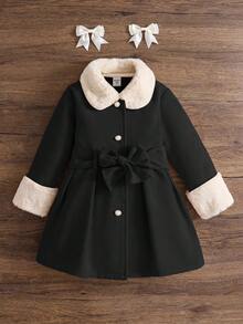 SHEIN Emery Rose Kids 女童秋冬百搭時尚羊毛拼接毛絨領中長版繫帶大衣，保暖內裡羊毛外套，秋冬外套 - 黑色 - 查看 9