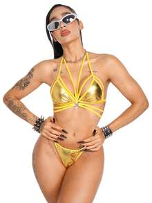 AltBold Women's Colorblock Halter Top And Triangle Panty Sexy Everyday Lingerie Set - Yellow - View 1