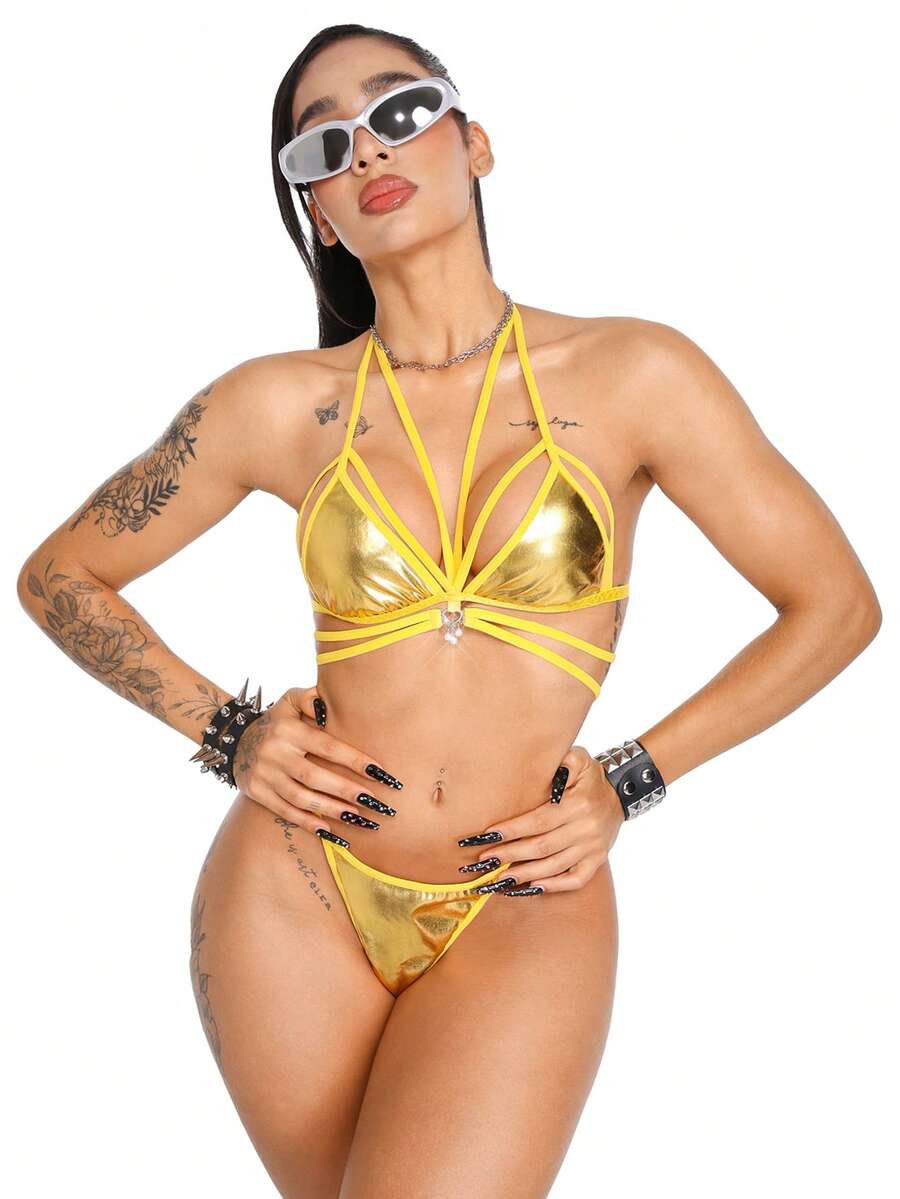 AltBold Women's Colorblock Halter Top And Triangle Panty Sexy Everyday Lingerie Set - Yellow - View 1