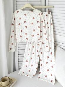 SHEIN 青少年女孩櫻桃圖案V領長袖上衣與長褲睡衣套裝 - 白色 - 查看 2