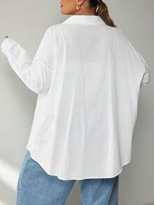 SHEIN CURVE+ 大尺碼女款純棉休閒傳統優雅白色襯衫，秋季上衣，教師節早午餐辦公室度假正式場合俱樂部秋季教師穿搭 - 白色 - 查看 6