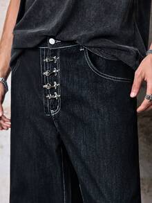 Skyrend 1件 Infinite Jeans 个性化设计飞机扣牛仔裤，男士休闲宽松直筒牛仔裤，日系街头风，宽松版型，做旧水洗（不含腰带和配饰） - 黑色 - 查看 8