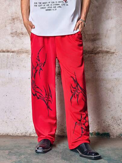 Skyrend Gothic Style Print Straight Leg Sweatpants, Loose Fit, Unisex, Streetwear Casual, Comfortable Sports Wear, Sweatpants, Casual Pants, Joggers