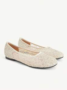 CUCCOO CHICEST Lace Round Toe Flats, Gentle Mesh Low Vamp Shoes, Commuting Dating Bridesmaids Breathable Women's Shoes - Apricot - View 2