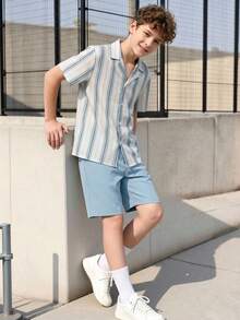 Vacaura Set de 2 piezas de camisa y pantalones cortos a rayas cómodos y casuales para niños adolescentes - Multicolor - Ver 4