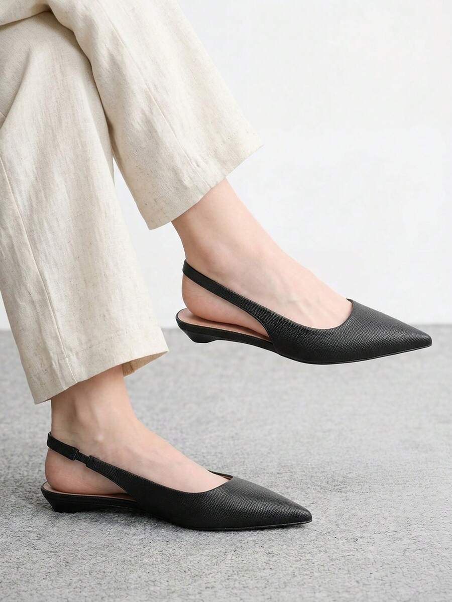 CUCCOO BIZCHIC Light Plate Solid Color Small Slope Heel Low Heel High Class Elegant Black Rough Pattern PU Women Flat Shoes Dew Heel Commuter Dating Daily Fall Shoes - Black - View 1