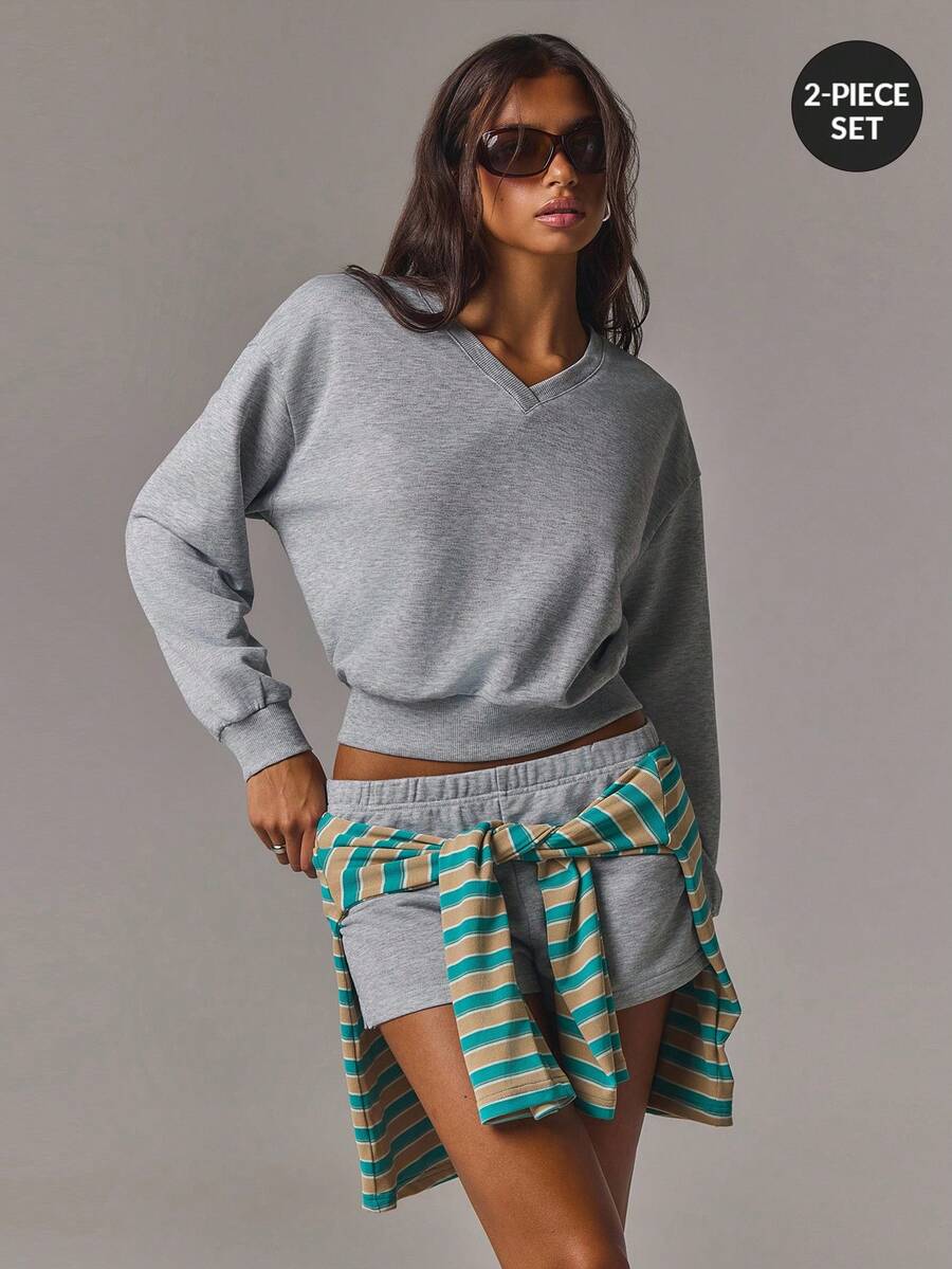 Athîral Women's Casual V-Neck Light Grey Solid Color Long Sleeved Loose Top Hoodie And Shorts Two Pieces Set Basic Versatile Daily Dating Outfit Lounge Fall - Grey - View 1