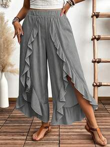 Weeklong Plus Size Women's Floral Print Vacation Style Split Hem Ruffle Wide Leg Pants Fall - Grey - View 3