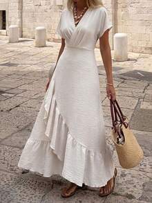 Weeklong Spring/Summer Plus Size Women's Pleated Wrap Ruffle Cinched Waist-Up Elegant Dress, Fashionable Vacation Outfit, Daily Outing Travel Date Brunch Beige - Multicolor - View 4