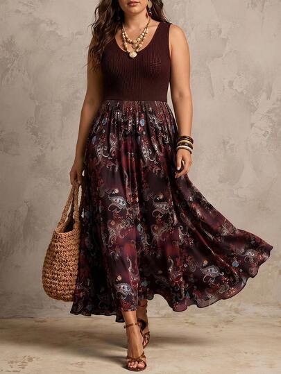 SHEIN Clasi Plus Size Women's Cashew Print Pleated Colorblock Casual Daily Summer Dress
