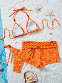 SHEIN Swim Women's 3-Piece Random Shell Print Sexy Tropical V-Neck Halter Bikini Set With Briefs, Summer Beach Vacation Red Orange - Multicolor - View 2