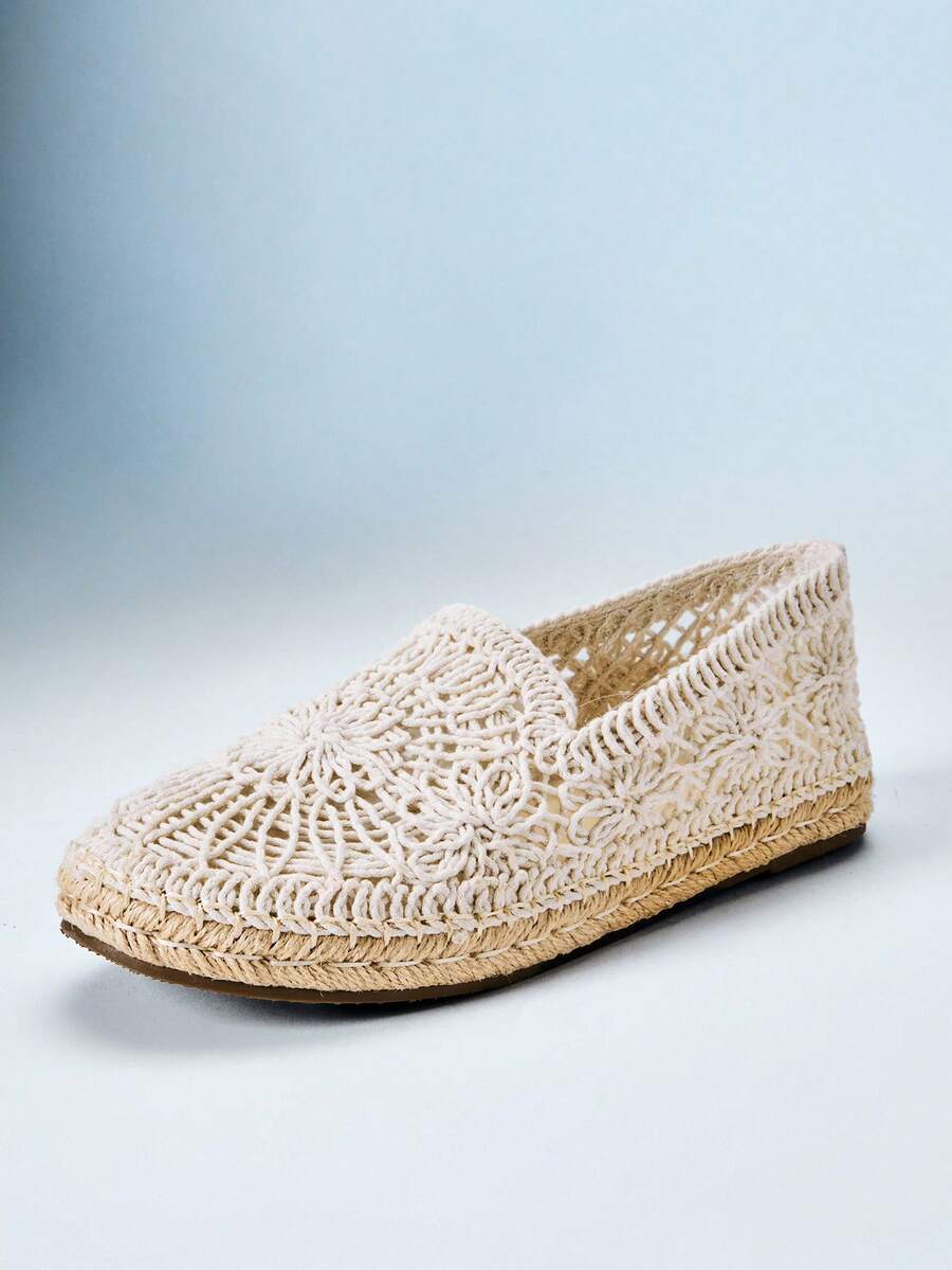 Solezae Women's Elegant Floral Crochet Round Toe Flat Espadrilles - Beige - View 1