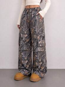 SHEIN 青少年女孩彈性腰頭滿版印花休閒日常穿著長褲 - 軍綠色 - View 9