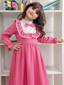 SHEIN Young Girls DRMZ Young Girl Bowknot Decor Patchwork Ruffle Long Sleeve Cute Safari Dress Back-To-School School Autumn - Multicolor - View 6