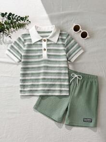 SHEIN 小男孩夏季條紋短袖 Polo 衫與短褲套裝 - 綠色 - 查看 3