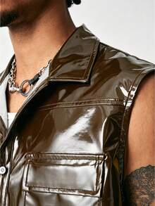 ROMWE MEN Street Life Men's Street Fashion Pocket Button Cropped Vest Jacket - Brown - View 4