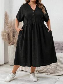 SHEIN CURVE+ 大尺碼女款紋理鈕扣半開襟休閒洋裝 - 黑色 - 查看 3